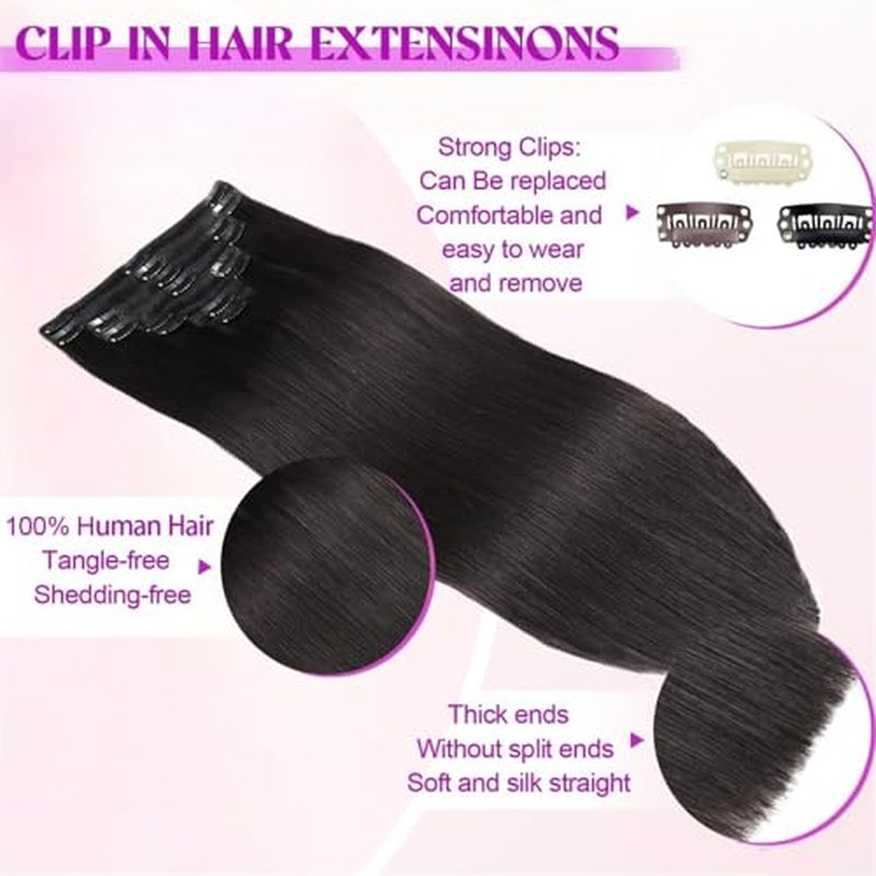 Clip In Hair Extensions Real Human Hair, Remy Human Hair Extensions 8PCS Long Soft Natural Hair piece 14-28 Inch Straight Hair Extension for Women(80g-120g 1B# Natural Black)