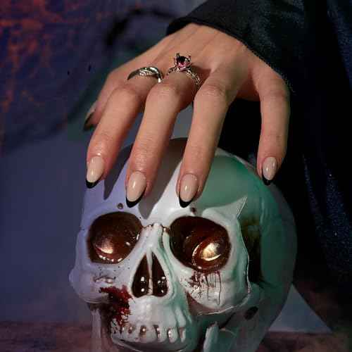 BTArtbox French Tip Press On Nails Almond - Black Press on Nails Short, Glue On Nails for Women Gift, Supremely Fit Natural Reusable Stick On Nails in 16 Sizes - 32 Fake Nails Kit, Black French