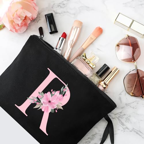 Vavabox A-Z Personalized Makeup Bag, Birthday Gifts for Women Mom, Gifts for Best Friend, Bride Bridesmaid Cosmetic bag (R, Black)