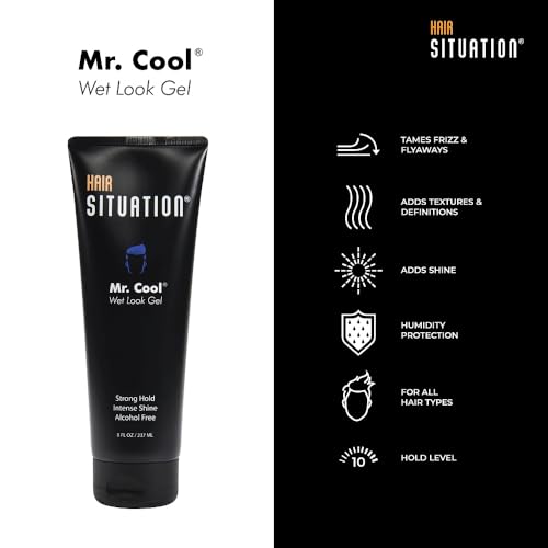 Hair Situation Mr. Cool Wet Look Hair Gel - Strong Hold, High Shine, Alcohol-Free, Anti-Humidity, Non-Flaking, Non-Greasy, Long-Lasting - For All Hair Types - 8 Fl Oz