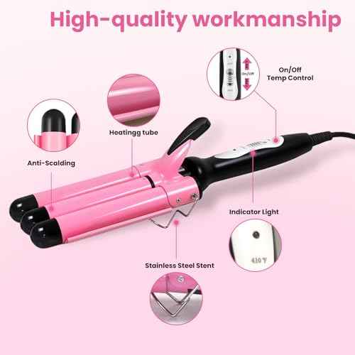 3 Barrel Curling Iron - 1" Professional Ceramic Hair Crimper with Dual Voltage & 2 Temperature Settings | 25mm Triple Barrel Waves Wand for Fast Heating Styling | Pink