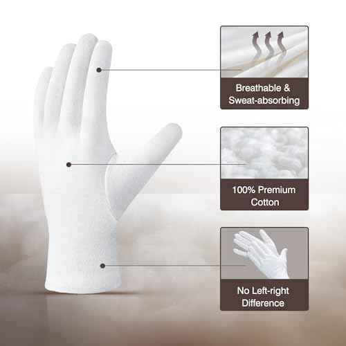 COOLJOB 100% Cotton Gloves, 6 Pairs White Cotton Gloves for Dry Hands Moisturizing & Eczema, Overnight Lotion, Sleep & Spa Treatment for Women & Men, Breathable Work Glove Liners, Medium Size