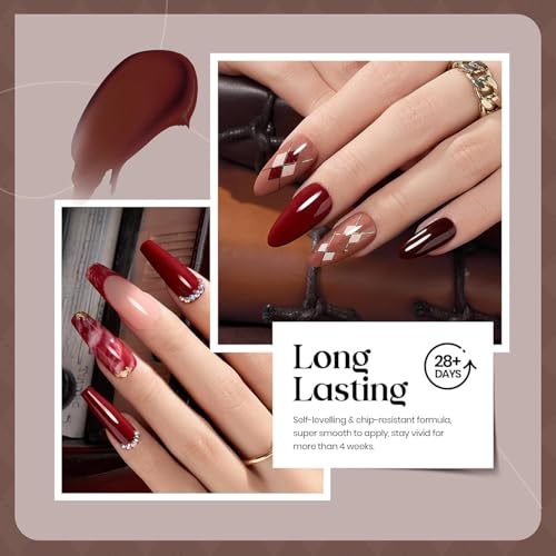 Beetles Fall Gel Polish Set Dark Brown Gel Nail Polish 6 Colors Glitter Burgundy Red Gold Black Sparkle Nail Kit Soak Off Led Manicure DIY Home Salon Gifts for Girls Women Academia Aesthetic