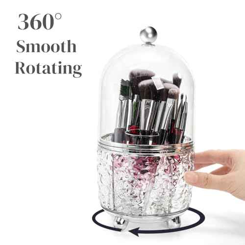 Rotating Makeup Brush Holder, Dustproof Cosmetic Tools Organizer with Lid, 360¡Æ Spinning Covered Brushes Storage with Anti-slip Pads for Vanity, Bathroom Countertop & Bedside Table, Clear