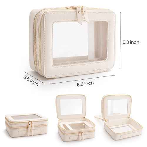 Aveniee Large Clear Makeup Bags, Double Layer Cosmetic Bags with Separate Brush Compartment, Travel Toiletry Bag Cosmetic Train Case, Travel Accessories Organizer for Women(2 Layers, White)