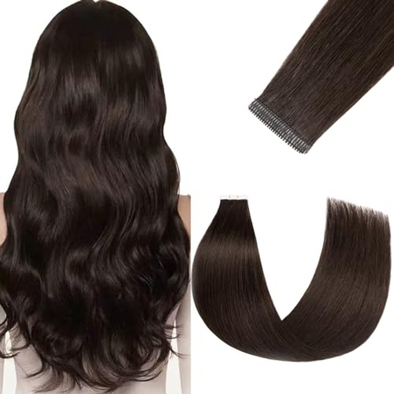 Tape in Hair Extensions Real Human Hair Double Stitched Invisible Seamless 20pcs 50g (Dark Brown to Black, 22 inch)