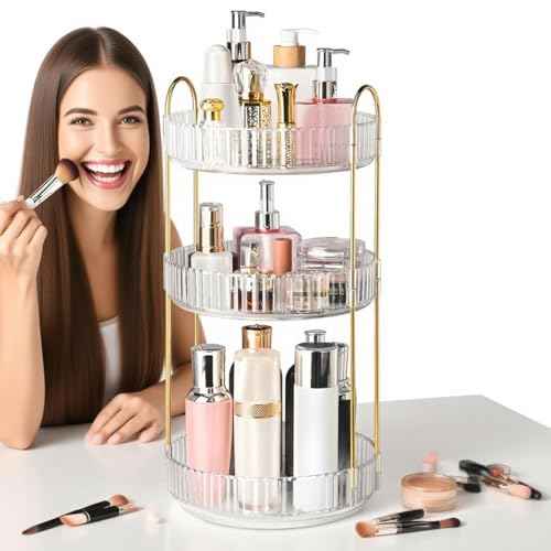 360¡Æ Rotating Makeup Organizer for Vanity, 3 Tier Perfume Organizers Skincare Organizers and Storage for Bathroom Countertop, Spinning Cosmetic Organizer for Bedroom Dresser Counter, Clear