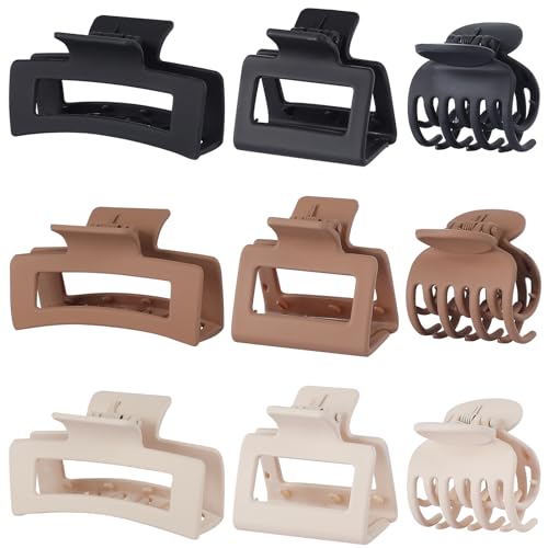 Medium Claw Hair Clips Set for Women - 3 Styles, 9 pcs Rectangle Clips for Thick Hair, Square Clips for Thin Hair - Brown