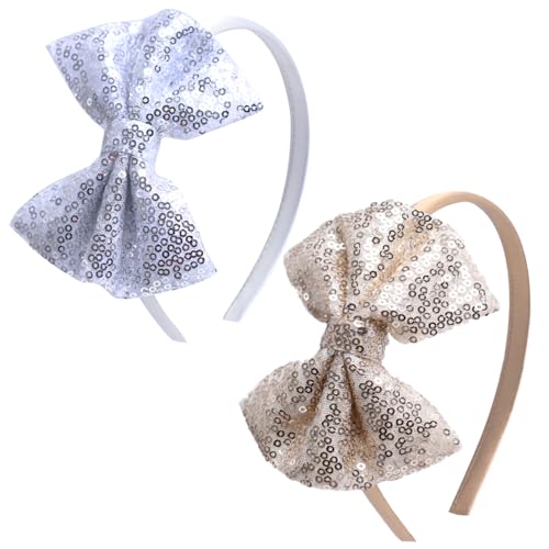 Kiszu Sparkly Sequin Hair Bow Headbands Fashion Glitter Cute Boutique Ribbon Bows for Girls, Kids, and Women (Sliver,Gold)
