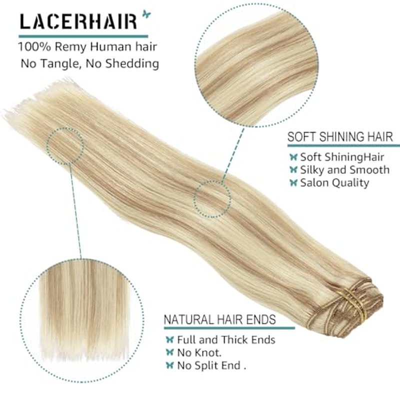 Lacer Clip In Hair Extensions Real Human Hair Soft Virgin Light Brown Highlighted Platinum Blonde Human Hair Clip in Extensions Thick Full Head 120g 7 Pieces 18 Inch