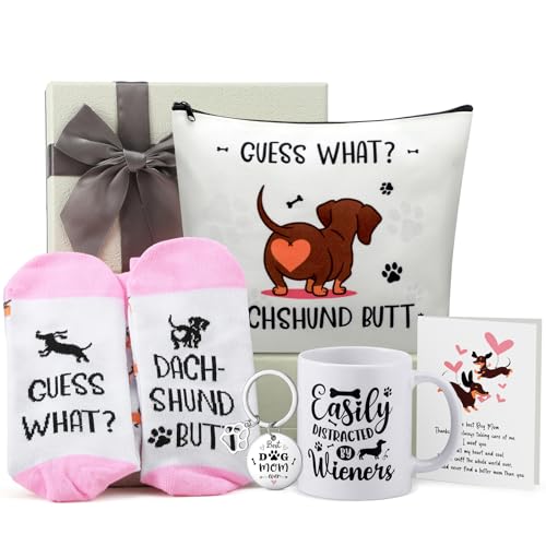 6 Pcs Dachshund Gift Set for Women Weiner Dog Makeup Bag Novelty Crew Socks 11oz Coffee Mug Dachshund Lover Basket Gift Set for Mom Daughter Christmas Birthday New Puppy Owners