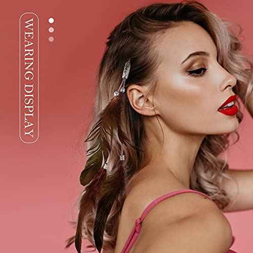 ICYANG Women Feather Hair Clips, 6 Pieces Handmade Boho Hippie Hair Extensions with Clip DIY Viking Hair Accessories Headdress