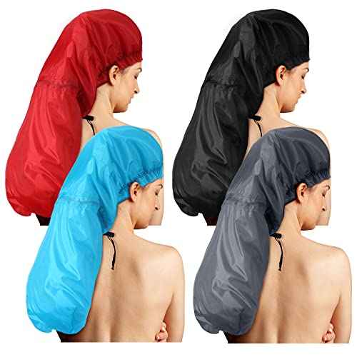Eurzom 4 Pcs Jumbo Adjustable Braids Shower Cap for Long Hair Extra Large Shower Cap for Women Men Foldable Waterproof Hair Bonnets Plastic Oversize Bath Hats(Red, Blue, Black, Gray)