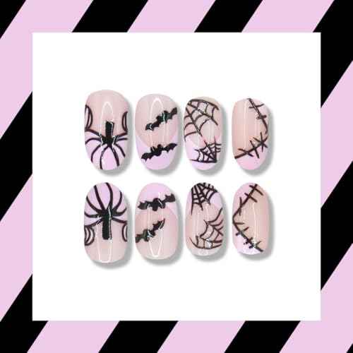 24Pcs Halloween Press on Nails Almond Short Pink French Tip Fake Nails Cute Pumpkin Bat False Nail with Designs Full Cover Spider Web Glue on Nails Reusable Artificial Nail for Women DIY Manicure