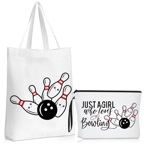 Sieral 2 Pcs Bowling Gifts for Women Just a Girl Who Loves Bowling Canvas Cosmetic Makeup Bag and Tote Bag Funny Gifts for Women Friends Sister Christmas