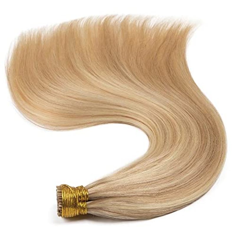 I Tip Remy Human Hair Extensions Cold Fusion Hair Piece Pre Bonded Keratin Stick In Hair Extensions Long Straight #18/613 Golden Brown Highlighted Bleach Blonde Hairpieces 100 Strands 100g 18"