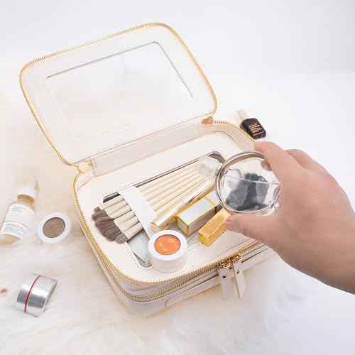 Aveniee Large Clear Makeup Bags, Double Layer Cosmetic Bags with Separate Brush Compartment, Travel Toiletry Bag Cosmetic Train Case, Travel Accessories Organizer for Women(2 Layers, White)
