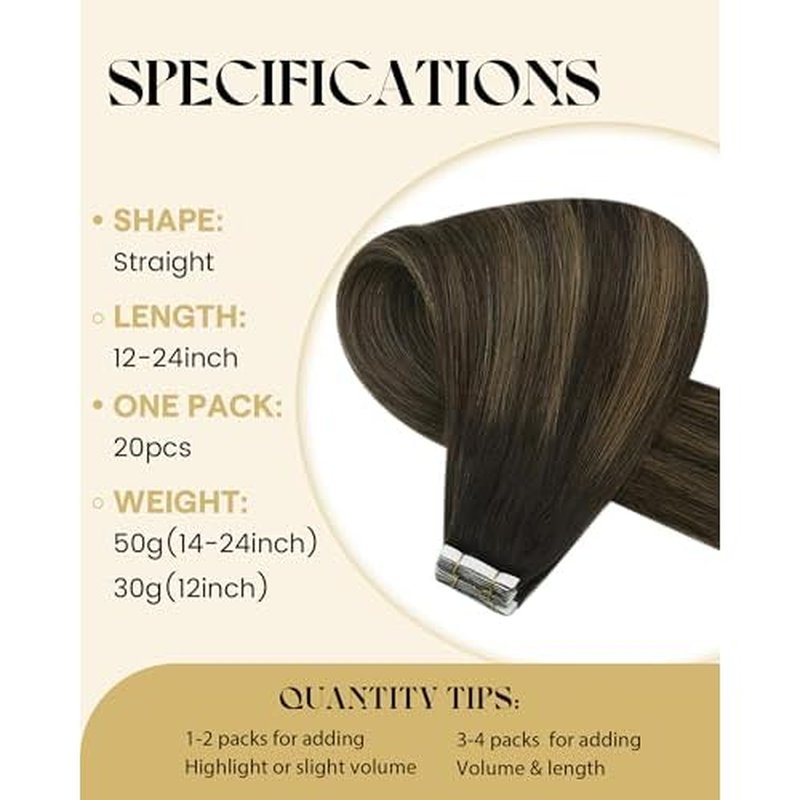 Ve Sunny Tape in Hair Extensions Real Human Hair Invisible Remy Human Hair Straight Tape Ins Double Sided Darkest Brown Ombre Medium Brown Balayage 20 inch 20Pcs 50G