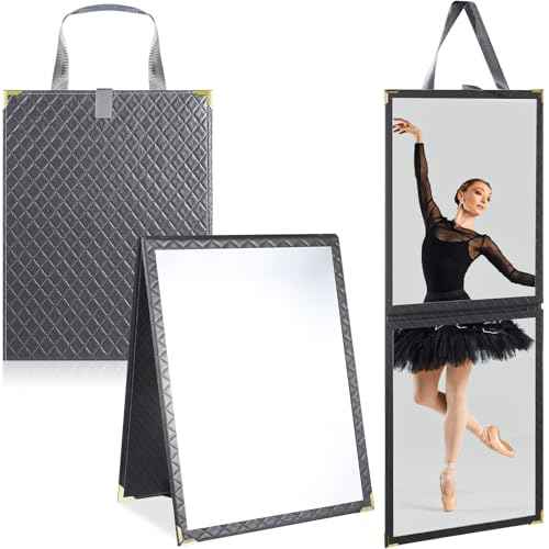 Foldable Backstage Mirror with Handle Leather Folding Hanging Mirror Rectangular for Travel Dance Bag Home Fitness Spa Gift for Dancers (Grey,33.5" l*13.4" w)