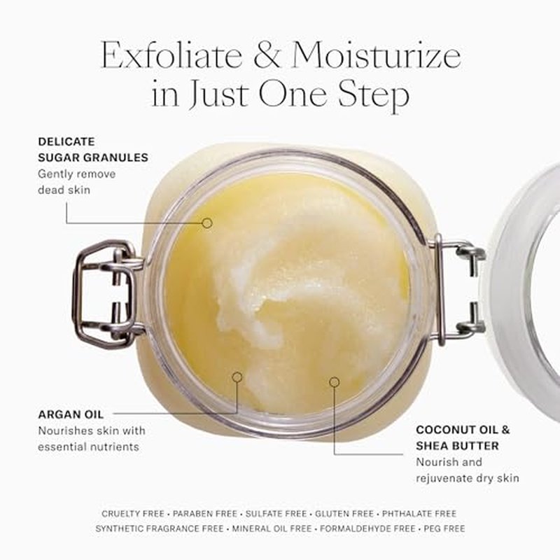 Josie Maran Sugar Body Scrub - Argan Oil Exfoliating Sugar Scrub with Coconut Oil & Shea Butter - Softens, Smooths & Hydrates Dry Skin - Vegan & Cruelty Free - Sweet Clementine (10 oz)