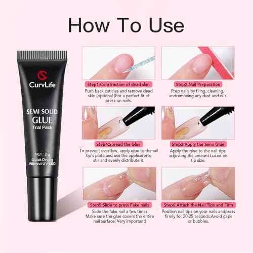 CurvLife Nail Tips Semi Solid Nail Glue 2g (5pcs) - Super Strong, Soft Glue Gel Quick Drying Adhesive for Press On Nails, No UV Light Needed