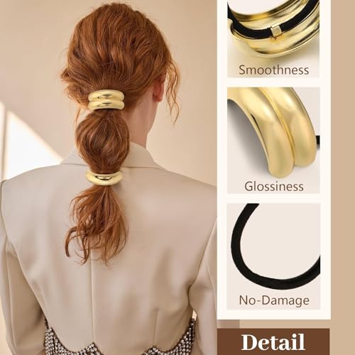 3PCS Gold Hair Ties, Metal Hair Ties for Thick Hair, Elegant Durable Geometric Design, Gold Hair Accessories Stretchy and Non-Damage Ponytail Cuff Holders, 3 Styles in Box Holiday Christmas Gifts