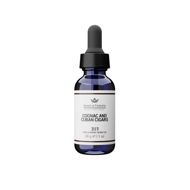 HENRI ET VICTORIA Beard Oil Cognac and Cuban Cigars Fragrance | Canadian Made by Skilled Artisan | Moisturizing, Non-Greasy, Natural Ingredients | 28g (1oz)