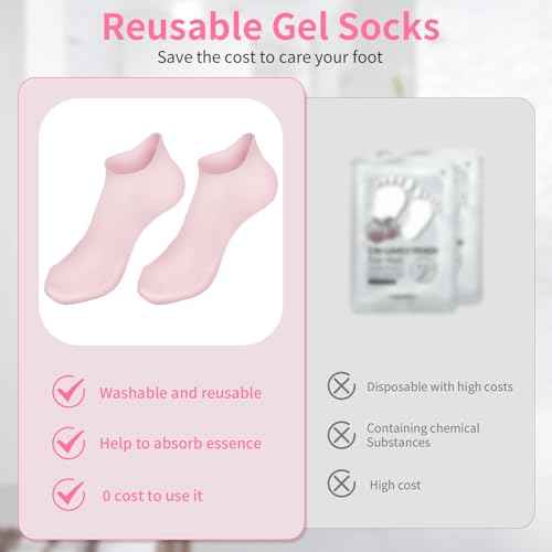 2 Pairs Silicone Moisturizing Socks for Dry Cracked Feet Women, Soft Gel Pedicure Foot Spa Aloe Socks, Anti-Slip Moisturizer Socks for Dry Cracked Feet Overnight Foot Care Pink&White