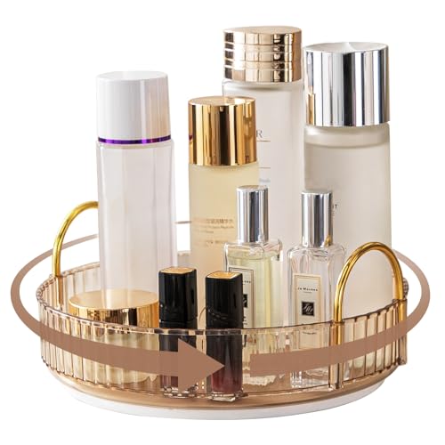 Makeup Organizer for Vanity, 360¡Æ Rotating Bathroom Organizer Countertop, High-Capacity Skincare Organizer, Spinning Cosmetics Organizer for Dresser Countertop (1 Tier, Amber)