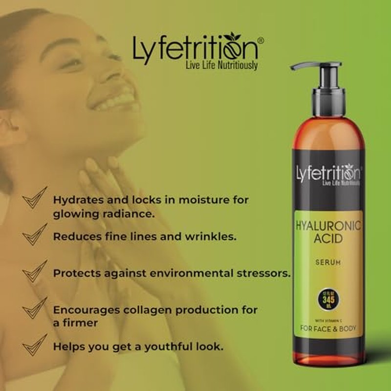 Lyfetrition Hyaluronic Acid Serum for Skin, Moisturizing and Hydrating Serum for All Types of Skin, 100% Natural Face Serum with Vitamin C & Aloe Vera (12 Fl Oz), Clear Serum, (Lyfe7581)
