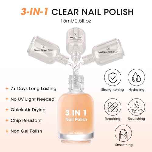 GELLEN Clear Nail Polish Ridge Filling Base Coat, Nail Strengthener and Growth, Ridge Filler For Nails, Hydrate Strengthen Nourish Damaged Dry Natural Nails, Shea Butter & Vitamin E & Protein Formula