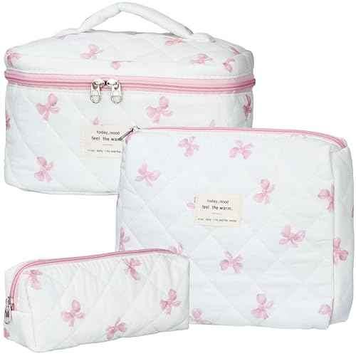 Quilted Makeup Bag Set - 3 PCS Cute Floral Cotton Makeup Bag, Large Coquette Aesthetic Make up Cosmetic Bag, Flower Travel Toiletry Organizer Bags for Women Girls