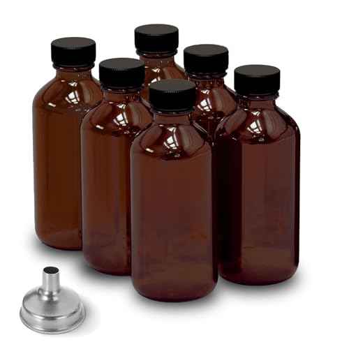 6 Pack 2oz Amber Glass Bottles for Vanilla Extract, Boston Round Leak-Proof Brown Glass Jars with Caps, Bonus Funnel - Ideal for Homemade Extracts, Essential Oils, DIY Christmas Party Gift Supplies