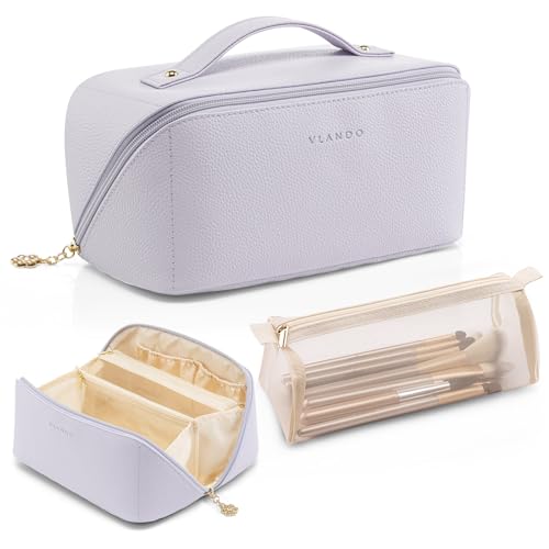 Vlando Makeup Bag,Large Capacity Toiletry Bag for Women Waterproof Portable Make up Pouch PU Leather Open Flat Cosmetic Bag(Purple)