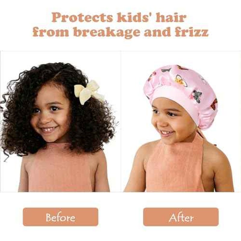 4 Pcs Silk Bonnet for Sleeping Kids Bonnets for Girls Baby Satin Sleep Cap Hair Wraps for Curly Natural Hair Elastic Wide Band,Butterfly