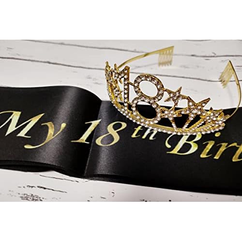 Mayin Happy 18th Birthday Tiara and Sash Gifts Crystal Rhinestone Princess Crown Birthday Girl Party Favor Supplies Gold Crowns Black Sash