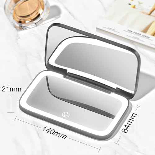 Mini Travel Makeup Mirror with Light ? Dual-Sided 5X/1X Magnification, Auto On/Off LED Lights, 180¡Æ Foldable Design, Portable Cosmetic Mirror for Handbag Small Make up Mirror - Black