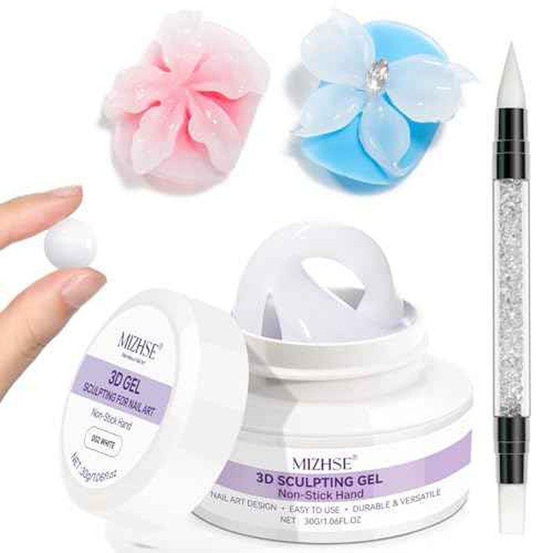 MIZHSE White 3D Gel Nail Art 30g Sculpting Gel Non-Sticky Molding Gels for Nails Solid U V LED Soak Off Gels Polish with Nail Art Pen Nail Design Home Manicure