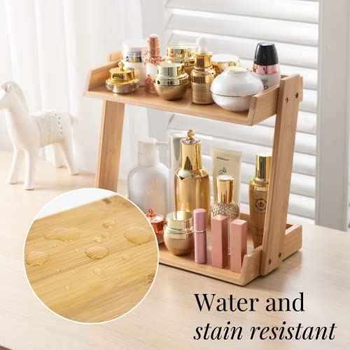 GOBAM Bamboo Makeup & Countertop Organizer, Large - 2 Layer Cosmetics, Lipsticks, Jewelry, Brushes, Hair Accessories & Perfume Organizer for Dresser, Easy Assembly - Natural