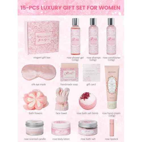 Spa Gifts for Women -15Pcs Self Care Set with Rose Bath & Body Essentials, Mother's Day/Thoughtful Day/Get Well Gifts/Birthday/Christmas/Bridal Shower Gift for Mom, Sister, Wife, Relaxing Home Spa Set
