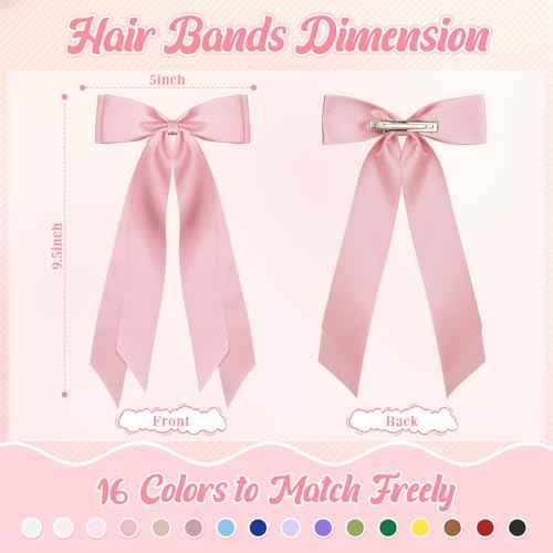 Mimorou 16 Pcs Satin Hair Bows for Women Girls Bulk Long Hair Bow Clips with Long Tail Silky Ribbon Barrettes Ponytail Holder Accessories Christmas Birthday Wedding Holiday Gifts