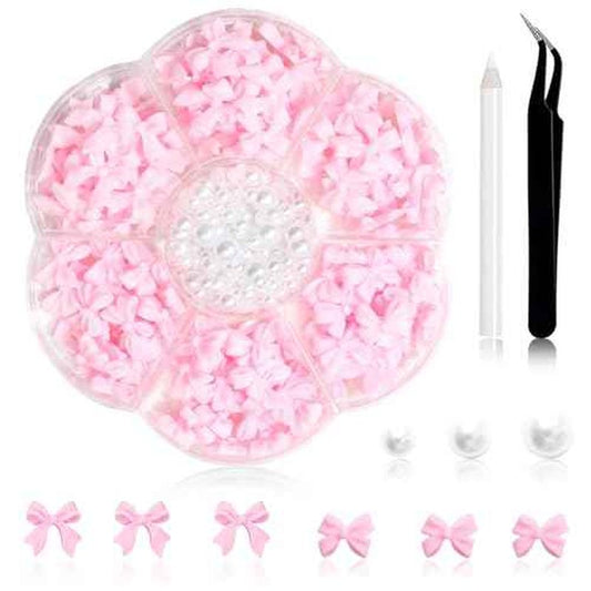 300Pcs Bow Charms and Flatback Pearls, Pink Bowknot 3D Cute Nail Supplies for Acrylic Design, 3-5mm White Half Pearls for Jewelry DIY Crafts Art Decoration Accessories