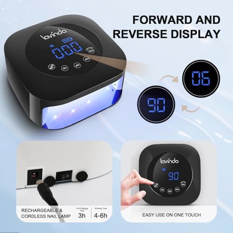 UV Light for Nails, Lavinda UV Nail Lamp 54W Rechargeable Nail Dryer Gel Polish Light with Large Touch Display, Professional Fast Curing Lamp with 4 Timer Setting Auto Sensor for Salon & Home