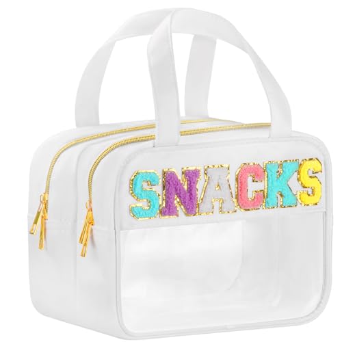 Chenille Letter Clear Makeup Bags Snacks Bag for Travel, Preppy Patch Nylon Cosmetic Pouch with Handles and Zipper, Waterproof Large Clear Travel Toiletry Purse Storage for Women White