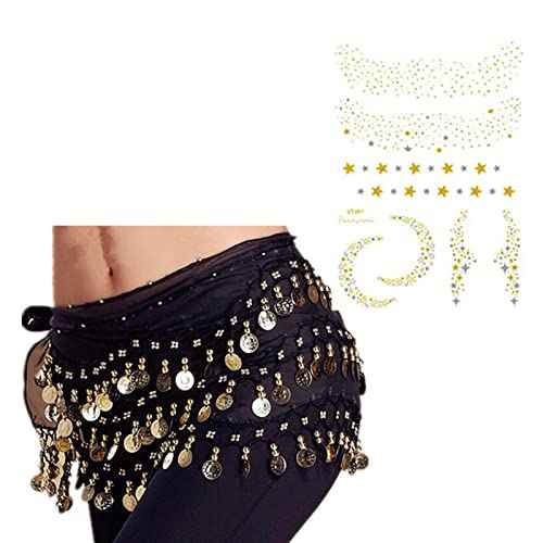 Multi-Row Gold Coins Belly Dance Wrap & Hip Scarf, Simple Classical Style -Black 128 Gold Coins Dance Skirt and Face Tattoo Sticker Metallic Temporary Transfer Tattoo