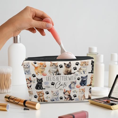 Life is Better with Cats Cosmetic Bag - Cute Cat Stuff, Makeup Bag & Toiletry Pouch for Cat Lovers