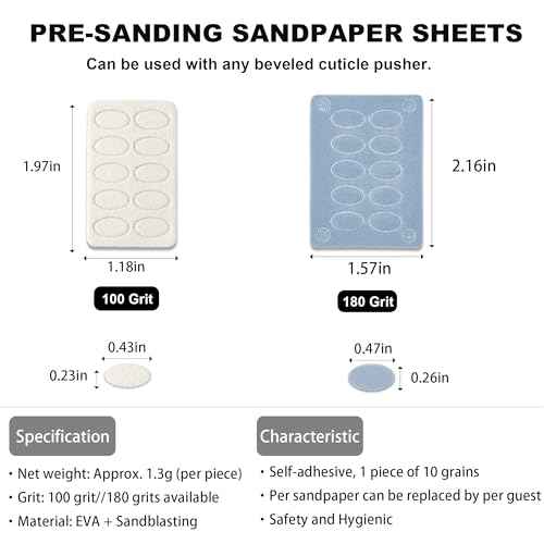 Pre-treatment Cuticle Pusher, Russian Prep Nail Pushers, Dual Ended Cuticle Remover with 100/180 Grit Sandpaper Sheets, Nail Care for Manicure Pedicure Nail Art