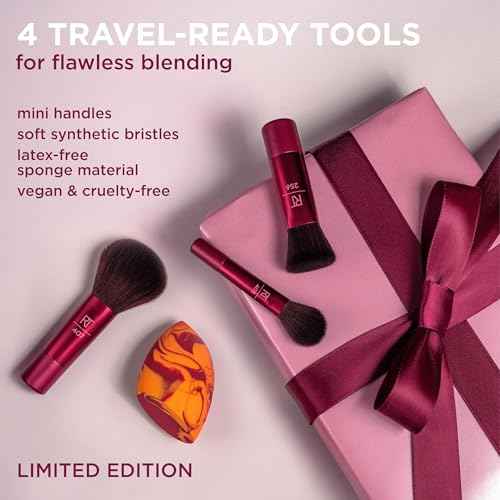 Real Techniques Blend + Jet Set Travel Makeup Brush & Sponge Set, 4 Piece Mini Holiday Gift Set for Foundation, Blush & Setting Powder, Compact & Travel Friendly, Cruelty-Free & Vegan