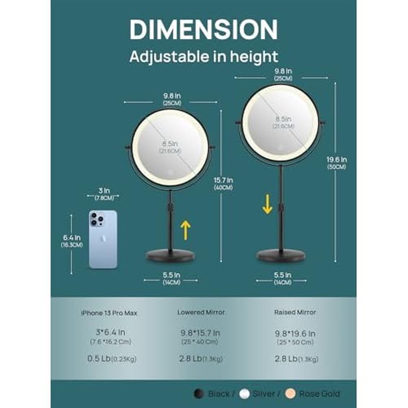 OMIRO 3X/10X Magnifying Makeup Mirror with Lights, 8.5 Inches Double Sided Swivel-Free Vanity Mirror with Height-Adjustable Stand. (Black)