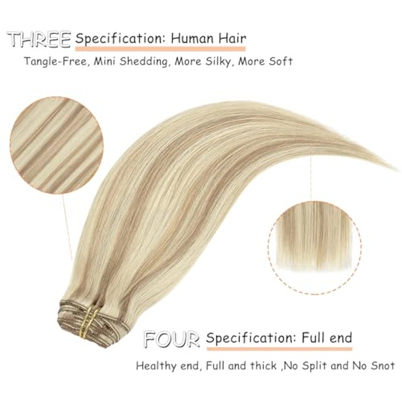 Caliee Blonde Clip in Hair Extensions Real Human Hair,P10-613 Natural Human Hair Extensions Clip ins Real Human Hair for Women Full Head 120G with 16 Clips 7Pcs Lace Clip in hair 18Inch